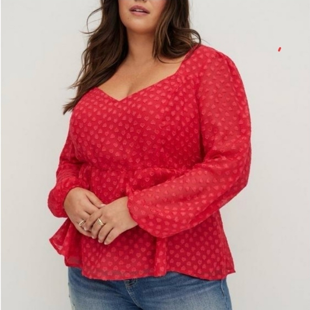 Torrid Red Peplum Chiffon Heart Clip Dot Flowy Sheer Blouse, Size 2x - Picture 2 of 10